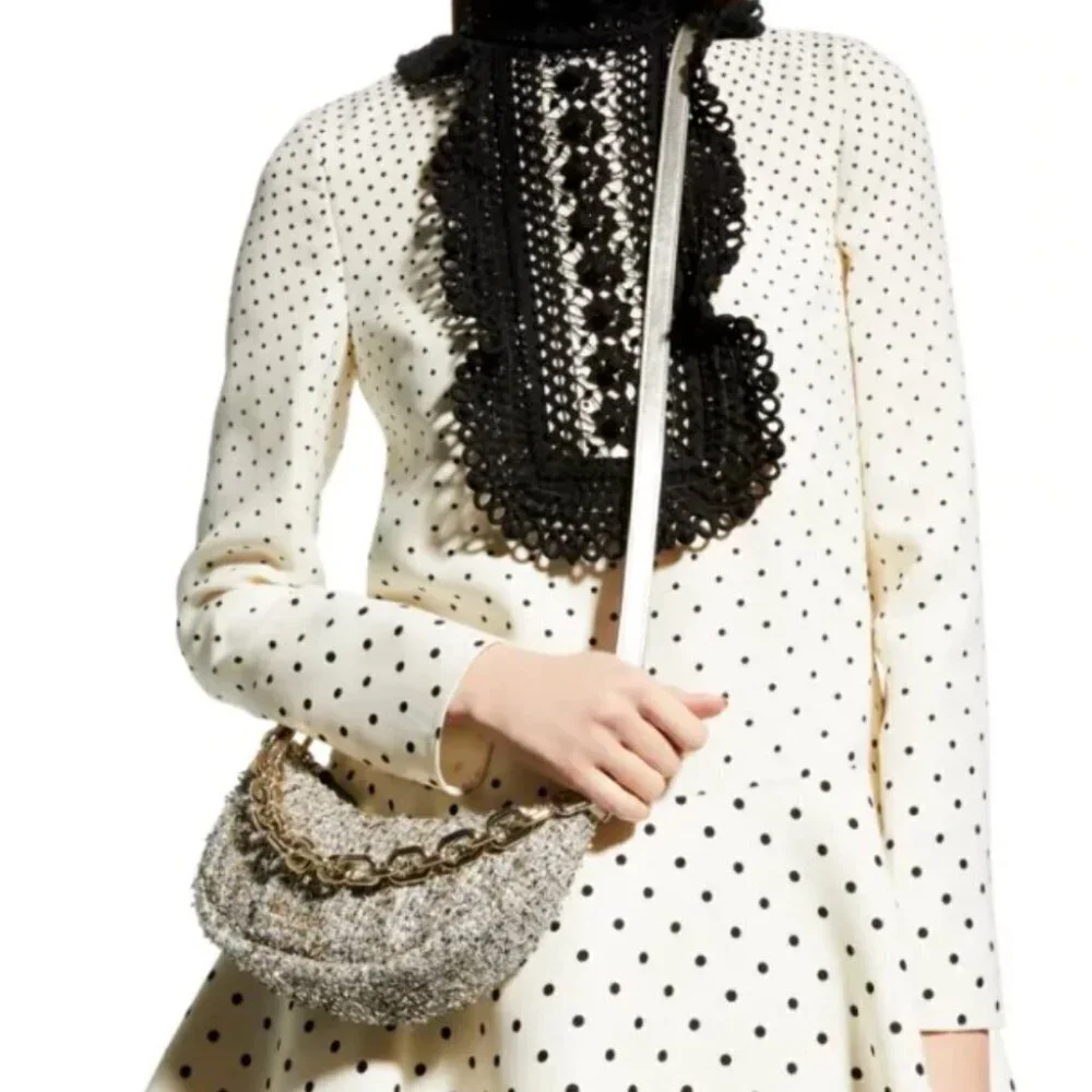 Kate Spade Smile Small Crossbody Silver Tweed Metallic Leather Chain Top Handle - Picture 5 of 12